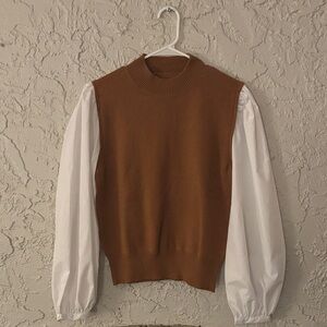 Brown and White Sleeveless Sweater with Puff Sleeves